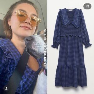 Mango Blue Black Plaid Babydoll Neck Collar Midi Dress Medium Florence Pugh